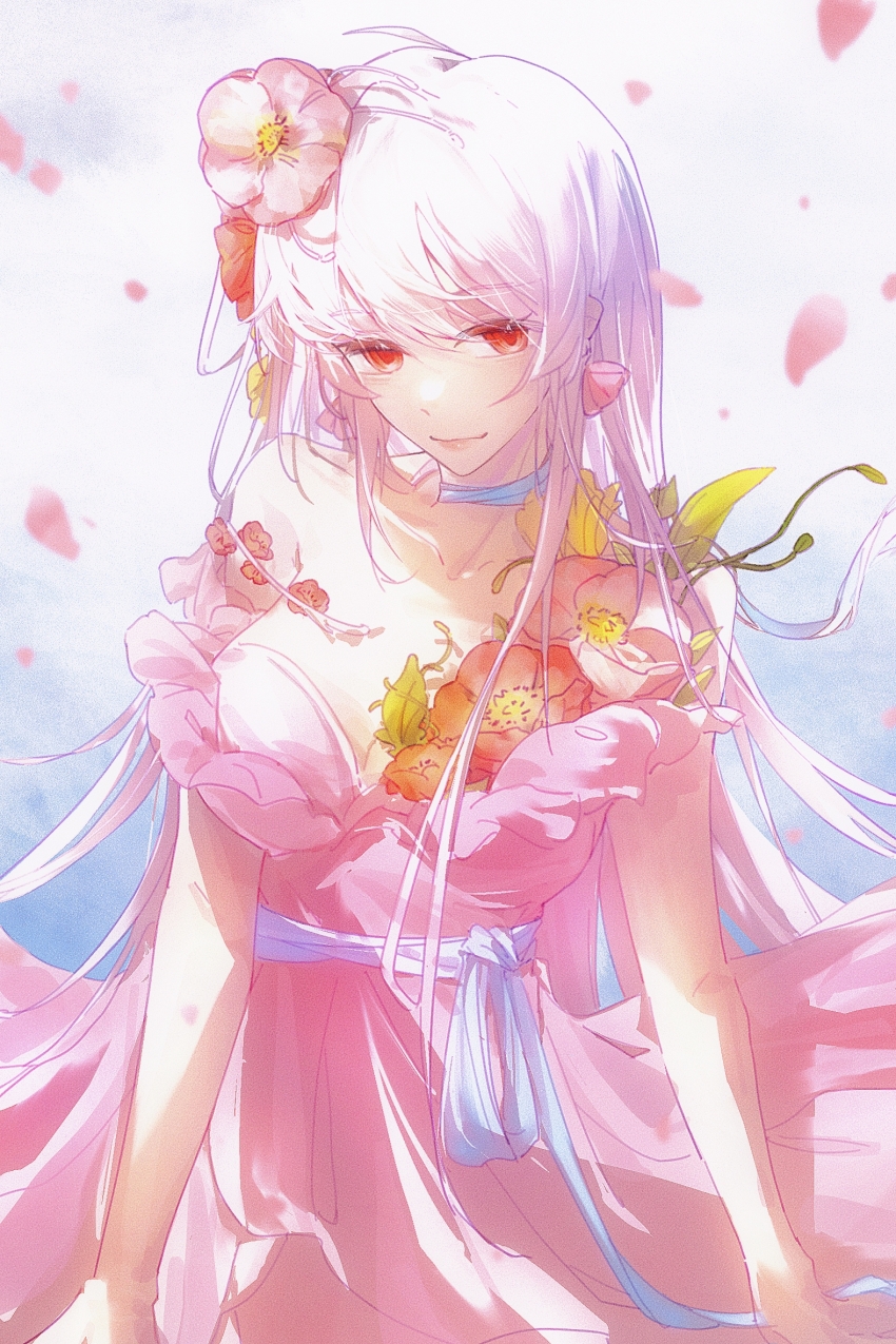 1girl, baihao, bare_arms, bare_shoulders, breasts, chinese_commentary, cleavage, collarbone