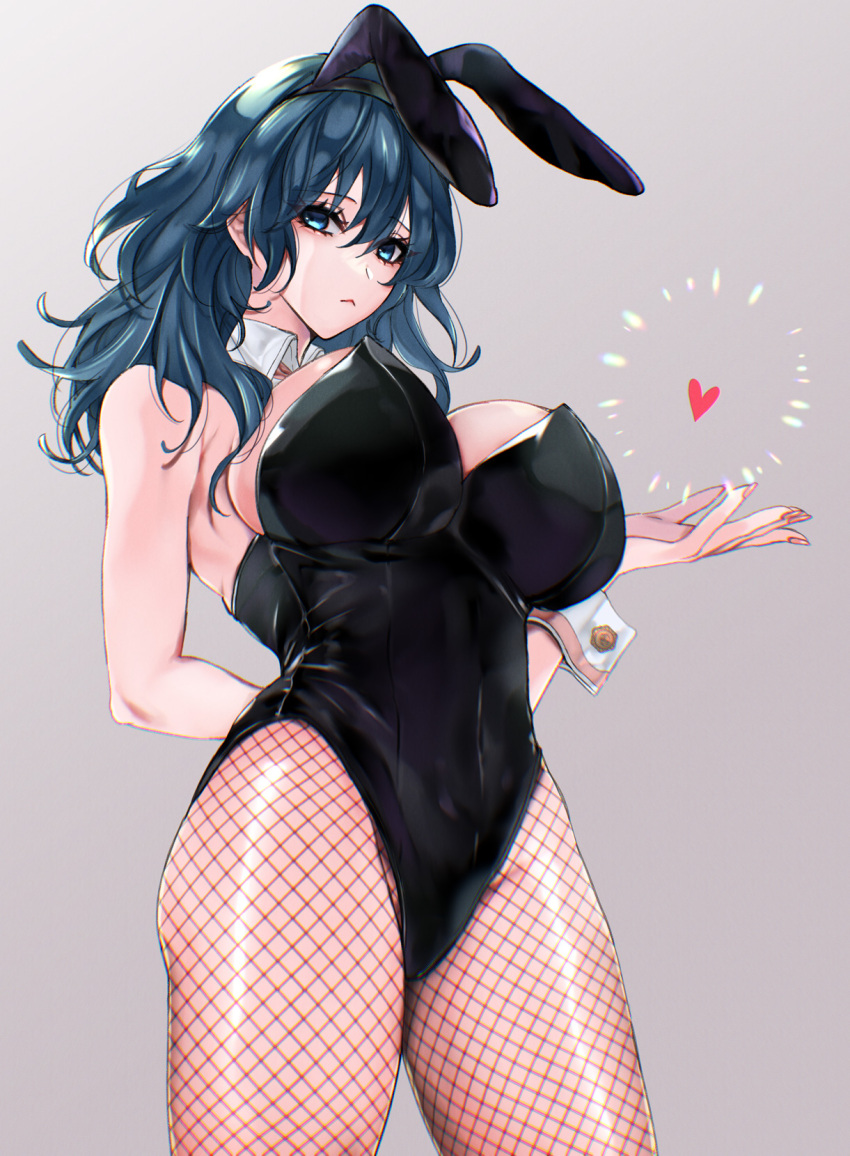 1girl, :<, alternate_costume, animal_ears, arm_behind_back, black_leotard, blue_eyes, blue_hair, breasts, female_byleth_(fire_emblem), cleavage, closed_mouth, cowboy_shot, fake_animal_ears, fire_emblem, fire_emblem:_three_houses, fishnet_pantyhose, fishnets, grey_background, heart, highleg, highleg_leotard, highres, huge_breasts, leotard, long_hair, looking_at_viewer, mokichi_xx, nintendo, pantyhose, playboy_bunny, rabbit_ears, solo, wrist_cuffs