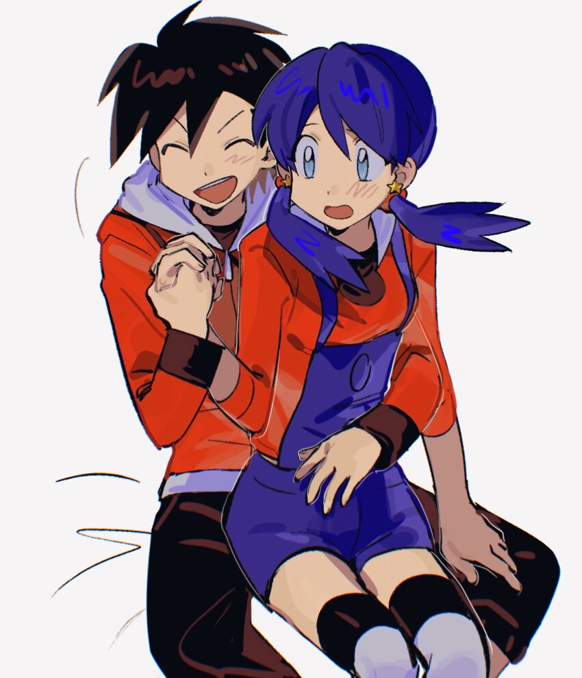 1boy, 1girl, :d, ^_^, afyewv5, arm_around_another's_waist, black_hair, black_pants