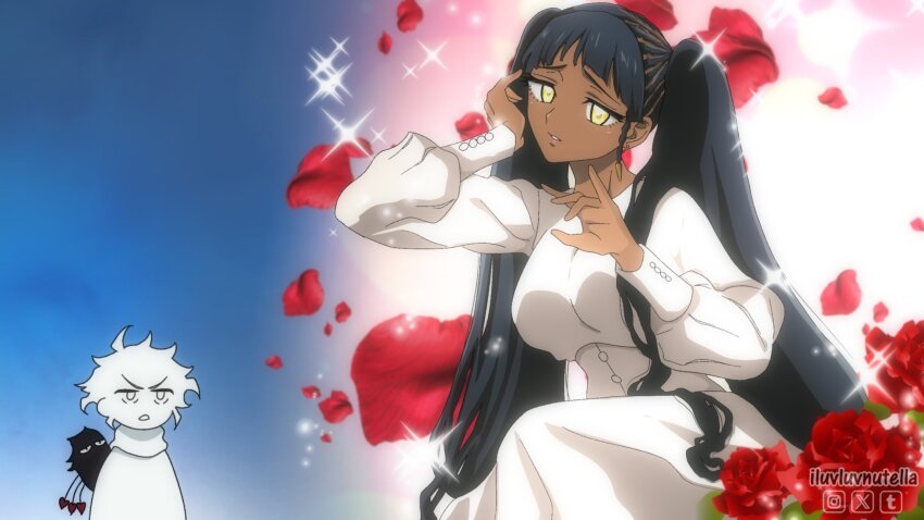 1boy, 1girl, ahoge, black_hair, breasts, colorized, dark-skinned_female, dark_skin