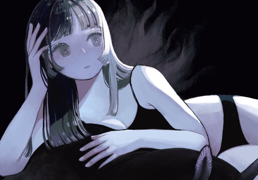 1girl, arm_support, black_background, black_bra, black_panties, bra, brown_eyes, closed_mouth