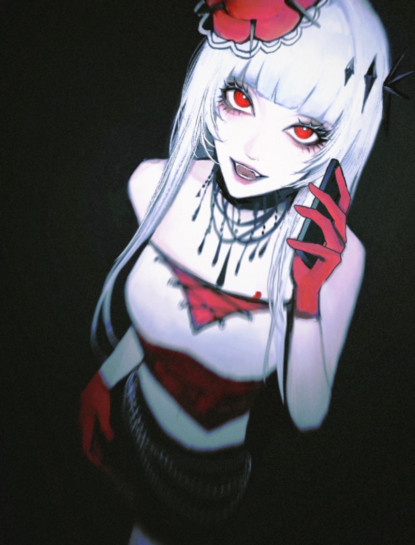 1girl, aegyo_sal, alternate_costume, bare_arms, bare_shoulders, black_background, black_skirt, blunt_bangs, breasts, cellphone, chain_belt, chinese_commentary, commentary, coquelic_(path_to_nowhere), cowboy_shot, fangs, fascinator, flower, from_above, gloves, highres, holding, holding_phone, jewelry, long_hair, looking_up, medium_breasts, miniskirt, motion_blur, necklace, open_mouth, path_to_nowhere, phone, poppy_(flower), red_eyes, red_flower, red_gloves, skirt, smartphone, smile, solo, strapless, thorns, tube_top, white_hair, white_tube_top, yu_zhezhe