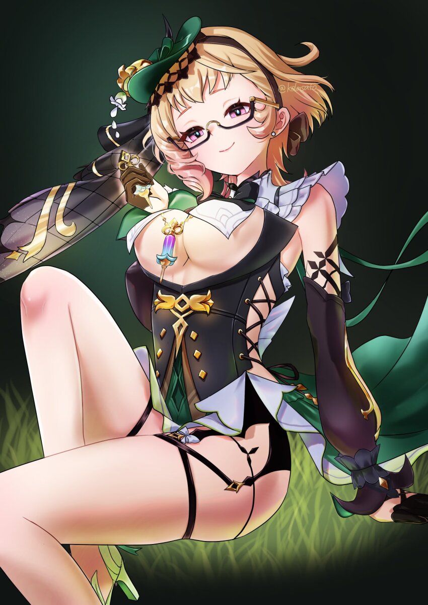 1girl, black-framed_eyewear, black_bow, black_bowtie, black_corset, black_gloves, black_hairband, black_sleeves, blonde_hair, bow, bowtie, breast_curtains, breasts, cleavage, commentary_request, corset, cross-laced_clothes, cross-laced_corset, detached_sleeves, emilie_(genshin_impact), fascinator, foot_up, from_side, genshin_impact, glasses, gloves, grass, green_hat, hairband, hand_up, hat, high_heels, highres, holding, kedama_(kdmsato), long_sleeves, looking_at_viewer, medium_breasts, multicolored_hair, on_ground, pink_eyes, pink_hair, semi-rimless_eyewear, short_hair_with_long_locks, sitting, smile, solo, thighs, twitter_username