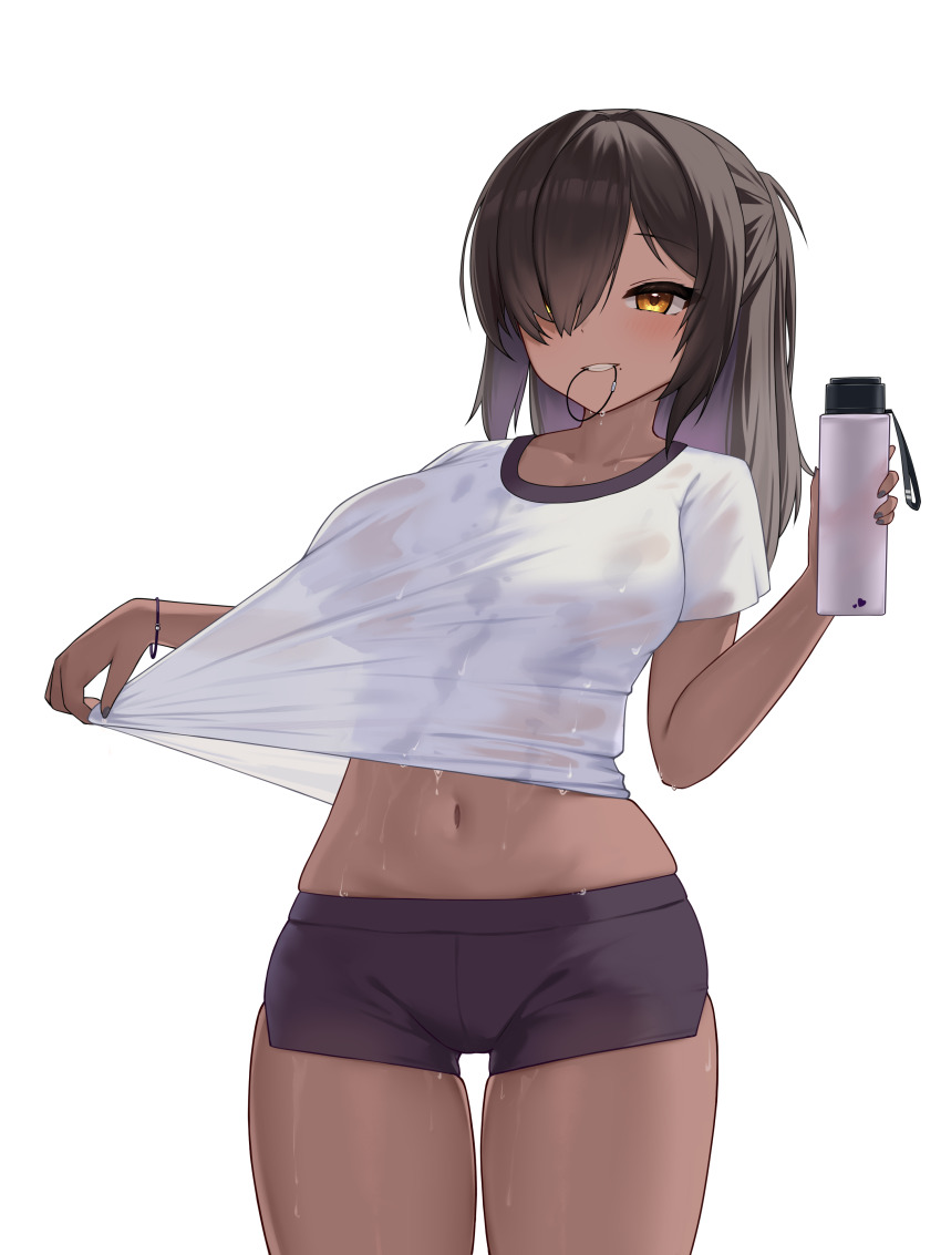 1girl, absurdres, alternate_costume, bottle, breasts, brown_hair, dark-skinned_female, dark_skin, gaimole, goddess_of_victory:_nikke, hair_over_one_eye, highres, large_breasts, long_hair, looking_at_viewer, naga_(nikke), navel, shirt, short_sleeves, smile, solo, water_bottle, wet, white_shirt