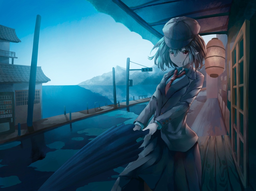 1girl, bai_huashu, black_skirt, breasts, brown_hair, brown_hat, newsboy_cap, flat_cap, hat, highres, holding, holding_umbrella, jacket, long_sleeves, looking_at_viewer, loose_necktie, necktie, outdoors, pleated_skirt, pointy_ears, red_eyes, red_necktie, shameimaru_aya, shirt, short_hair, skirt, small_breasts, solo, suit_jacket, touhou, umbrella, white_shirt