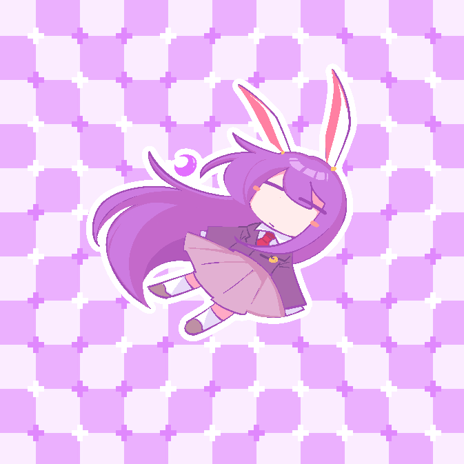 1girl, absurdly_long_hair, animal_ears, blush_stickers, chibi, closed_eyes, commentary, crescent, full_body, jacket, long_hair, long_sleeves, necktie, optical_illusion, primrose_field_illusion, priswocaer, purple_hair, rabbit_ears, rabbit_girl, reisen_udongein_inaba, skirt, socks, solo, untranslatable_commentary, touhou, very_long_hair