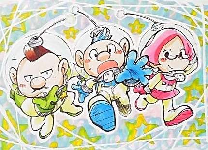 1girl, 2boys, akira_(8877ice), alph_(pikmin), backpack, badge, bag, large_nose