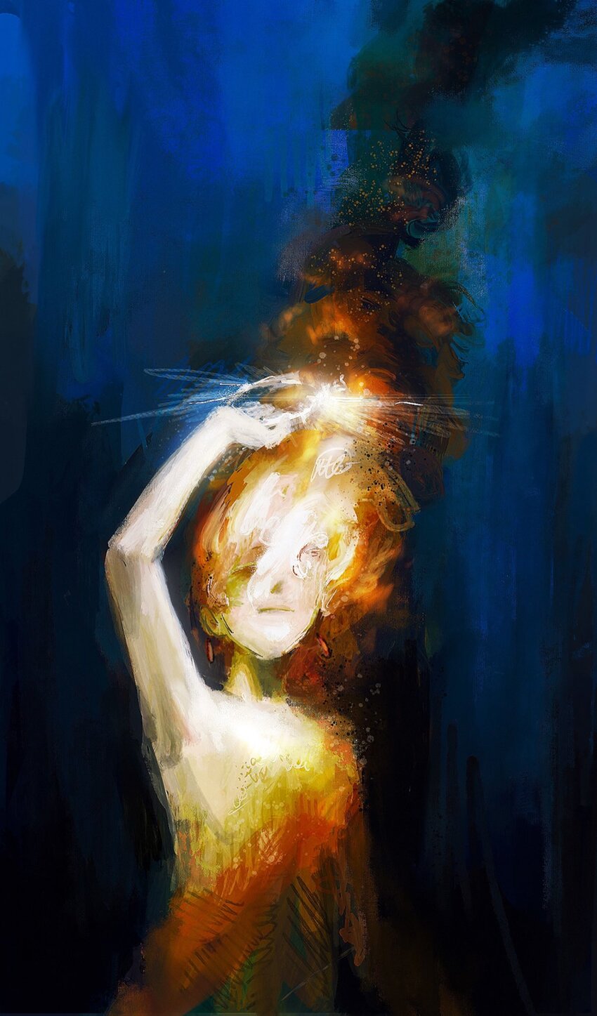 1other, abstract_background, ambiguous_gender, arm_up, blue_background, burning, closed_mouth, faceless