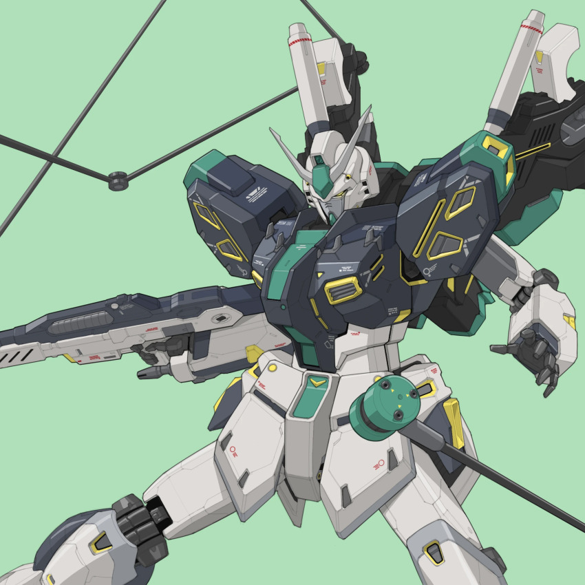 beam_rifle, bmwsb0, char's_counterattack, chinese_commentary, commentary_request, energy_gun, feet_out_of_frame, finger_on_trigger, green_background, gun, gundam, gundam_msv, highres, holding, holding_gun, holding_weapon, incom_(gundam), legs_apart, mecha, mecha_focus, mobile_suit, no_humans, nu_gundam_mp_type, open_hand, outstretched_arms, robot, science_fiction, simple_background, solo, v-fin, weapon, yellow_eyes