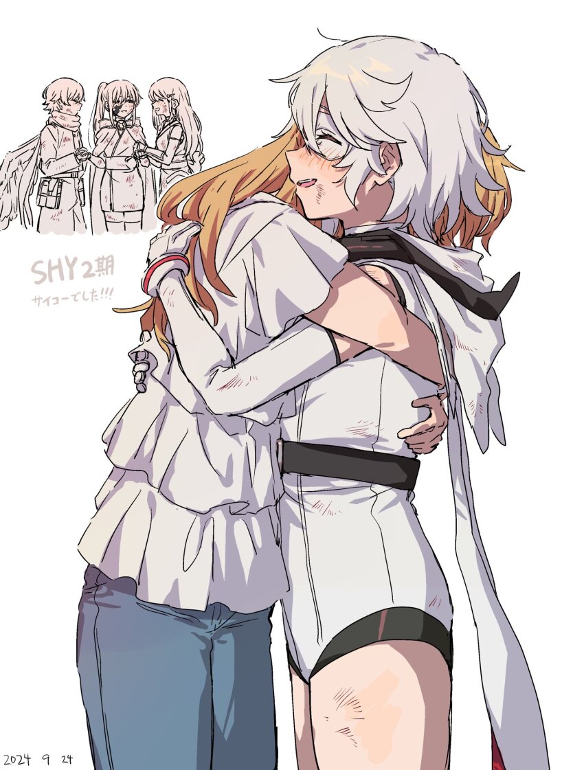 1boy, 4girls, bare_legs, bare_shoulders, blonde_hair, bracelet, bruise, character_request, closed_eyes, copyright_name, couple, denim, elbow_gloves, gloves, happy, heart-shift_bracelets, highres, hood, hood_down, hooded_leotard, hug, injury, jeans, jewelry, koishikawa_iko, leotard, long_hair, momijiyama_teru, multiple_girls, open_mouth, pants, partially_colored, ponytail, scarf, shirt, short_hair, short_sleeves, shy_(character), shy_(series), simple_background, sleeveless, standing, takatisakana, teeth, tennouji_ai_(shy), upper_teeth_only, white_background, white_gloves, white_hair, white_leotard, white_shirt, yuri