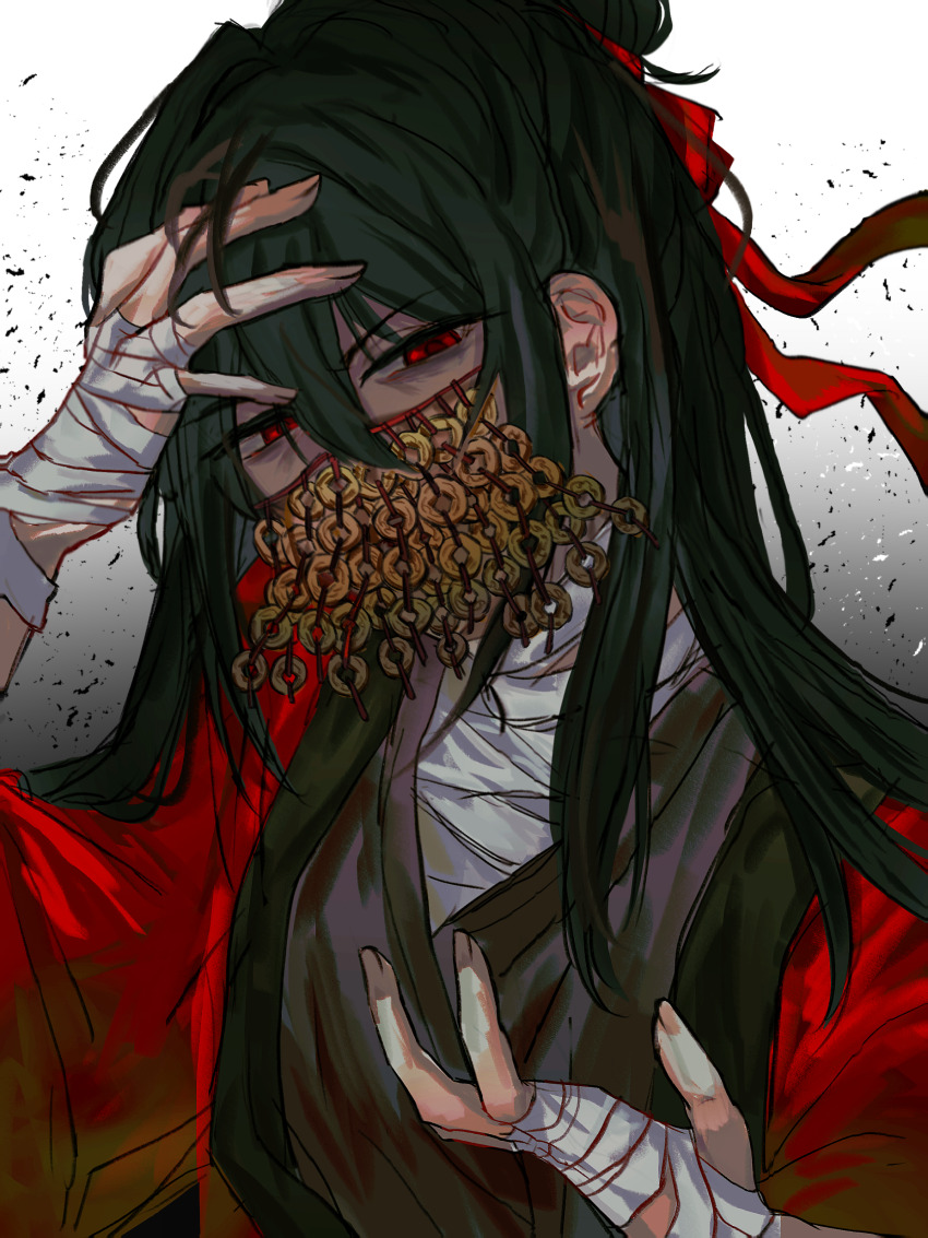 1boy, absurdres, bandaged_hand, bandages, black_hair, black_hanfu, buxiang_hua_suxie!, chinese_clothes