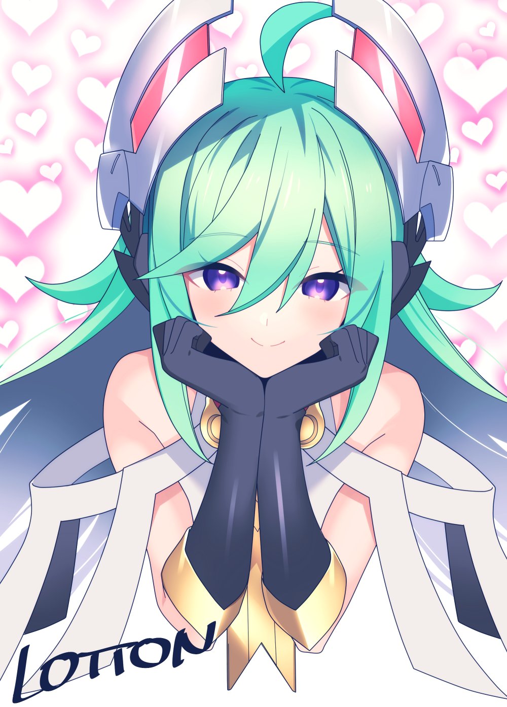 1girl, ahoge, artist_name, azure_striker_gunvolt, bare_shoulders, green_hair, gunvolt_chronicles_luminous_avenger_ix, headgear, highres, lololotton, long_hair, mother_(luminous_avenger_ix), purple_eyes, solo, upper_body