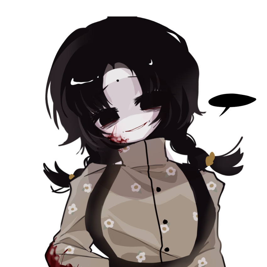 1girl, black_eyes, black_hair, blank_speech_bubble, blood, blood_on_clothes, blood_on_face, braid