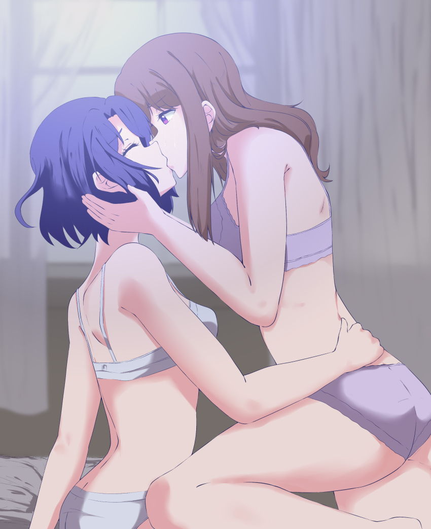 2girls, absurdres, adachi_sakura, adachi_to_shimamura, blue_hair, bra, breasts, brown_hair