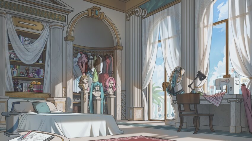 absurdres, anarkee_(vtuber), blonde_hair, blue_hair, book, bookshelf, bust_(sculpture), c.c.