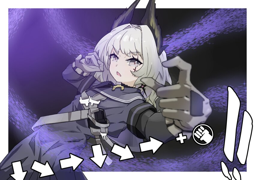 1girl, absurdres, arknights, arrow_(symbol), black_shirt, blurry, buckle, command_input