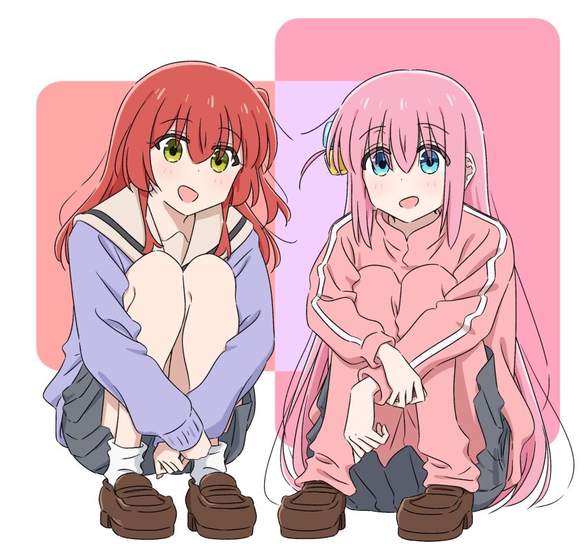 2girls, blue_eyes, bocchi_the_rock!, brown_footwear, commentary_request, crossed_arms, full_body, gotoh_hitori