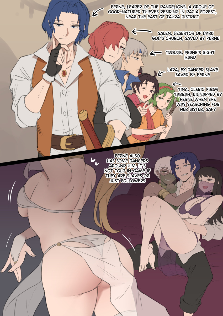 3boys, 5girls, absurdres, arm_around_another's_waist, ass, back, blonde_hair, blue_hair, breasts, choker, cleavage, commentary, dancer, dancing, ebinku, english_text, fire_emblem, fire_emblem:_thracia_776, hair_over_one_eye, harem, harem_outfit, highres, lara_(fire_emblem), long_hair, mouth_veil, multiple_boys, multiple_girls, nintendo, one_eye_closed, original, perne_(fire_emblem), ponytail, salem_(fire_emblem), see-through_clothes, short_hair, solo_focus, thong, tina_(fire_emblem), troude_(fire_emblem), underboob, v, veil