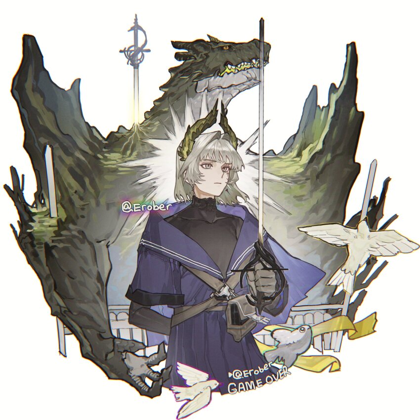 1girl, arknights, arm_behind_back, artist_name, bird, black_shirt, blue_dress, commentary