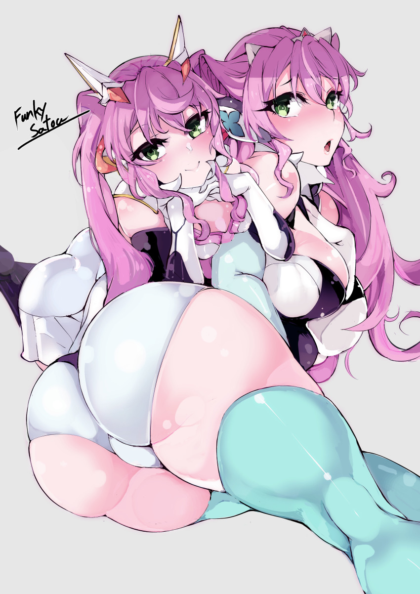2girls, absurdres, ass, breasts, curvy, funkysatou, green_eyes, highres, huge_breasts, large_breasts, loli, long_hair, maria_cadenzavna_eve, maria_cadenzavna_eve_(another), multiple_girls, pink_hair, pink_theme, plump, senki_zesshou_symphogear, small_breasts, thighs, twintails