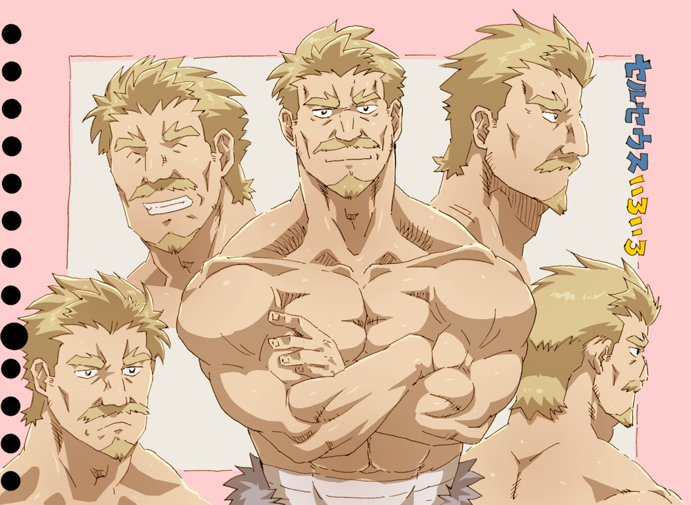 1boy, abs, bara, blonde_hair, cerseus_(kono_yuusha_ga_ore_tueee_kuse_ni_shinchou_sugiru), commentary_request, crossed_arms, facial_hair, goatee, kono_yuusha_ga_ore_tueee_kuse_ni_shinchou_sugiru, male_focus, midriff_sarashi, multiple_views, muscular, muscular_male, mustache, old, old_man, pectorals, sarashi, short_hair, smile, topless_male, torieda, translation_request, upper_body