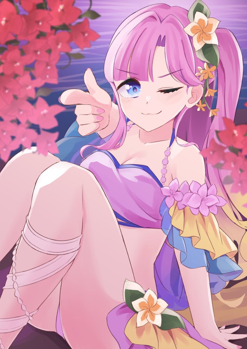 1girl, ;3, anyoji_hime, bikini, blonde_hair, blue_eyes, blunt_bangs, breasts