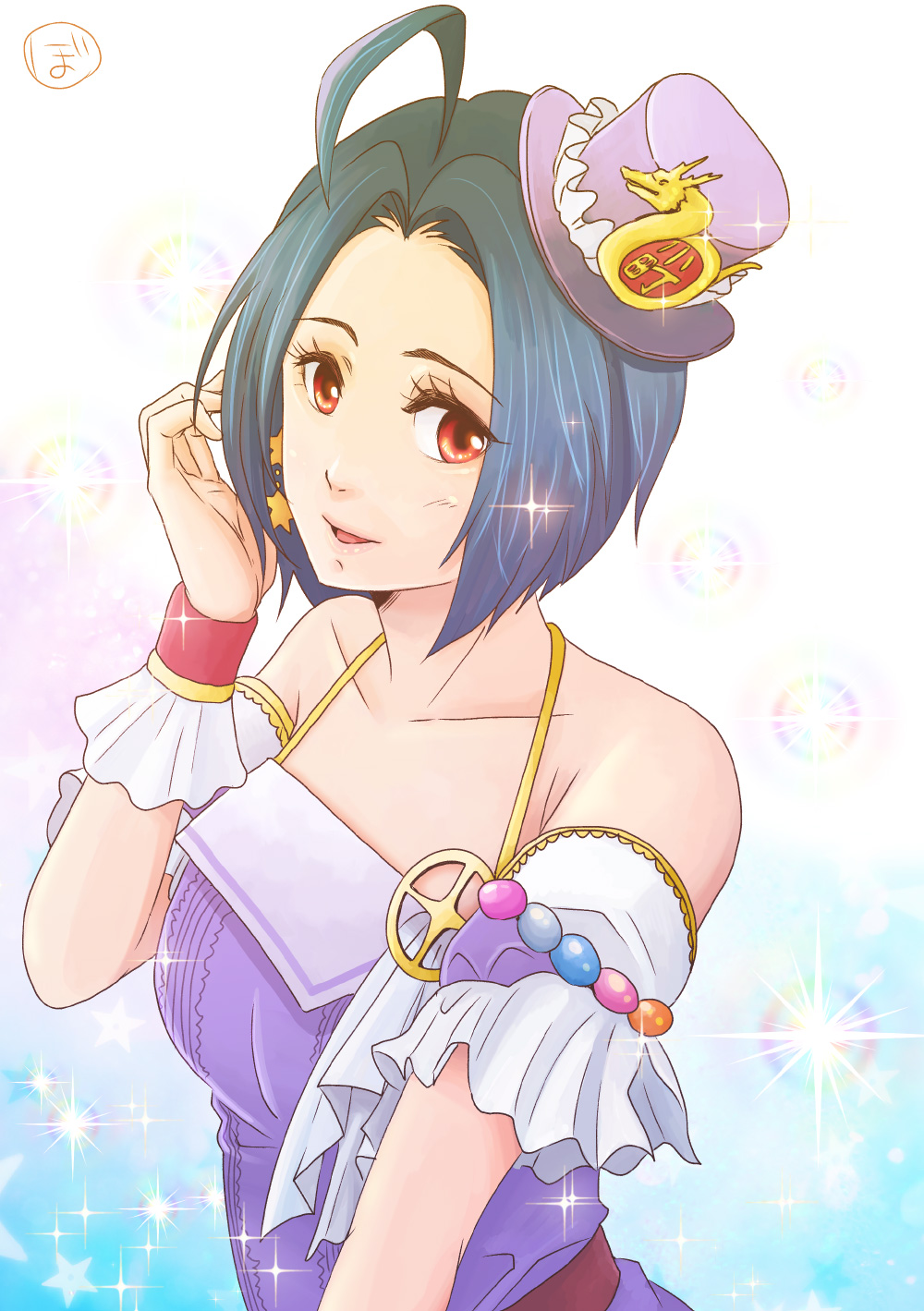 1girl, ahoge, bad_id, bad_pixiv_id, bare_shoulders, blue_hair, bohe, brown_eyes