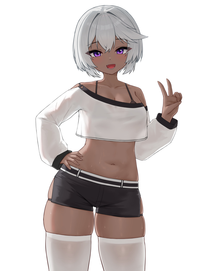 1girl, absurdres, black_shorts, blush, bob_cut, bra, breasts, dark-skinned_female