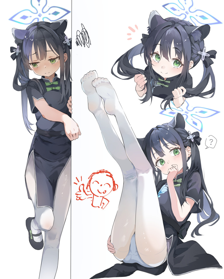 1girl, ?, absurdres, animal_ears, black_dress, black_hair, blue_archive, blue_halo, china_dress, chinese_clothes, closed_mouth, commentary_request, doodle_sensei_(blue_archive), dress, green_eyes, hair_ornament, halo, hands_in_own_hair, highres, legs_up, long_hair, looking_at_viewer, mojo_(mojoawa), multiple_views, pantyhose, sensei_(blue_archive), shun_(blue_archive), shun_(small)_(blue_archive), simple_background, sitting, smile, spoken_question_mark, standing, standing_on_one_leg, twintails, white_background, white_pantyhose
