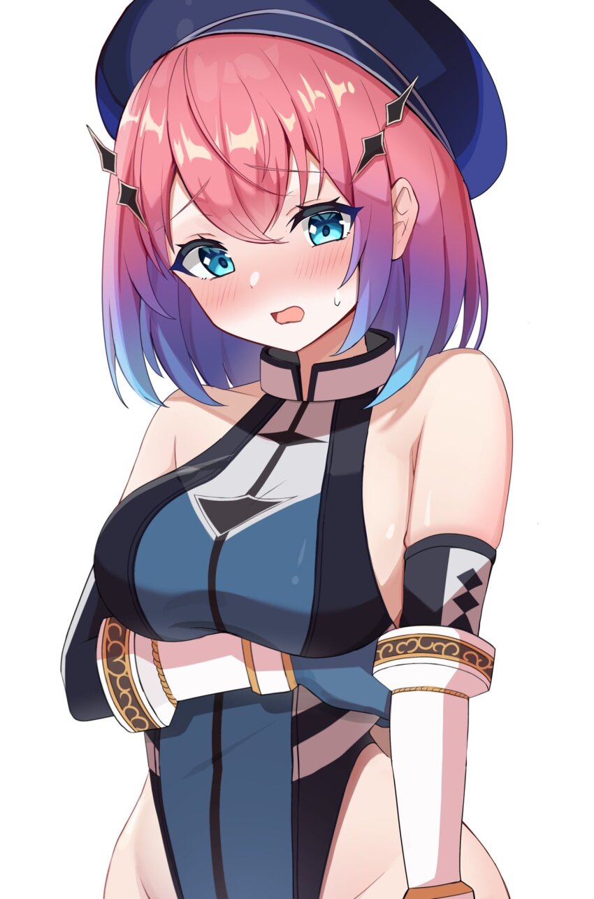 1girl, beret, black_gloves, black_leotard, blue_eyes, blue_hair, blush, breasts, cyclops_(lops), elbow_gloves, gloves, gradient_hair, hat, highres, kuon_(monster_strike), leotard, medium_breasts, monster_strike, multicolored_hair, pink_hair, sideboob, solo, white_background