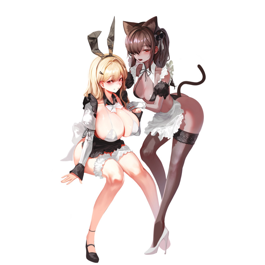 2girls, absurdres, alternate_costume, animal_ears, blonde_hair, bow, bra, breasts