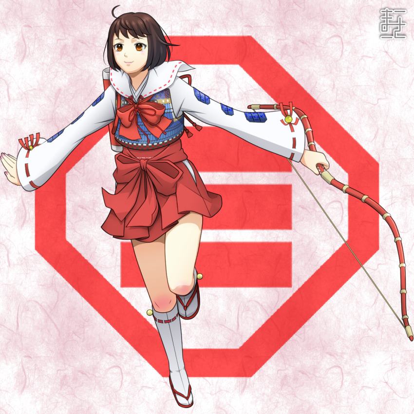 1girl, ahoge, bow, bow_(weapon), bowtie, brown_eyes, brown_hair, emblem, full_body, hakama, hakama_short_skirt, hakama_skirt, highres, japanese_clothes, kneehighs, leg_up, looking_ahead, manojimerser, pink_background, red_bow, red_bowtie, red_skirt, sailor_collar, sandals, sengoku_basara, short_hair, simple_background, skirt, smile, socks, solo, tsuruhime_(sengoku_basara), weapon, white_sailor_collar, zouri