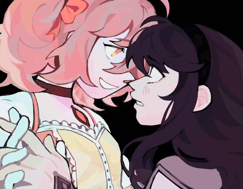 2girls, :d, absurdres, ahoge, akemi_homura, akemi_homura_(magical_girl), black_background, black_eyes