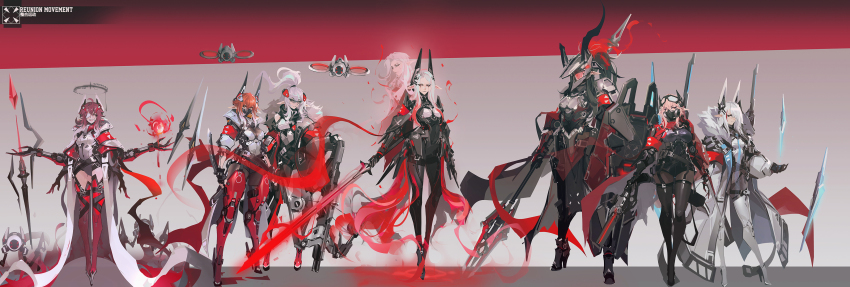 6+girls, absurdres, arknights, armband, armor, armored_boots, belt, black_belt, black_footwear, black_garter_straps, black_gloves, black_hair, black_halo, black_jacket, black_pantyhose, boots, bow_(weapon), breastplate, breasts, brown_hair, brown_pantyhose, cape, cleavage, cleavage_cutout, clothing_cutout, coat, commentary, crossbow, crownslayer_(arknights), drone, duke_kashchey_(arknights), elf, english_commentary, eyepatch, eyewear_on_head, faust_(arknights), floating, floating_object, floating_weapon, framed_breasts, frostnova_(arknights), full_armor, full_body, fur-trimmed_coat, fur-trimmed_jacket, fur_trim, garter_straps, gauntlets, gem, genderswap, genderswap_(mtf), glasses, gloves, gradient_hair, grey_background, gun, hair_over_one_eye, halo, headgear, helmet, high_heel_boots, high_heels, highres, holding, holding_gun, holding_polearm, holding_shield, holding_sword, holding_weapon, jacket, leotard, long_hair, long_sleeves, looking_at_viewer, mask, mecha_musume, mechanical_arms, mechanical_legs, medium_breasts, medium_hair, mephisto_(arknights), mouth_mask, multicolored_hair, multiple_girls, orange_hair, pantyhose, patriot_(arknights), pointy_ears, polearm, puffy_sleeves, red_armband, red_cape, red_footwear, red_gem, red_hair, red_thighhighs, see-through_cleavage, see-through_clothes, shield, shoulder_armor, simple_background, skullshatterer_(arknights), smjim1986, streaked_hair, sword, talulah_(arknights), teeth, thigh_boots, thighhighs, tongue, tongue_out, triangular_eyewear, two-tone_hair, upper_teeth_only, walking, weapon, white_coat, white_hair, white_leotard, white_thighhighs, wrist_blades, yellow_eyes