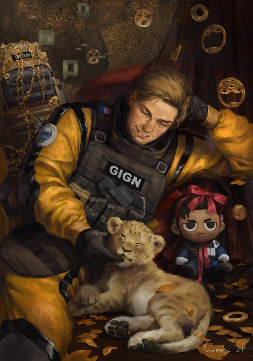 1boy, animal, arm_up, backpack, bag, black_gloves, black_vest, blonde_hair