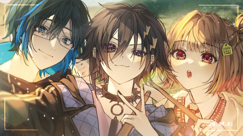 1girl, 2boys, :3, absurdres, black_hair, black_jacket, blue_hair, brown_hair