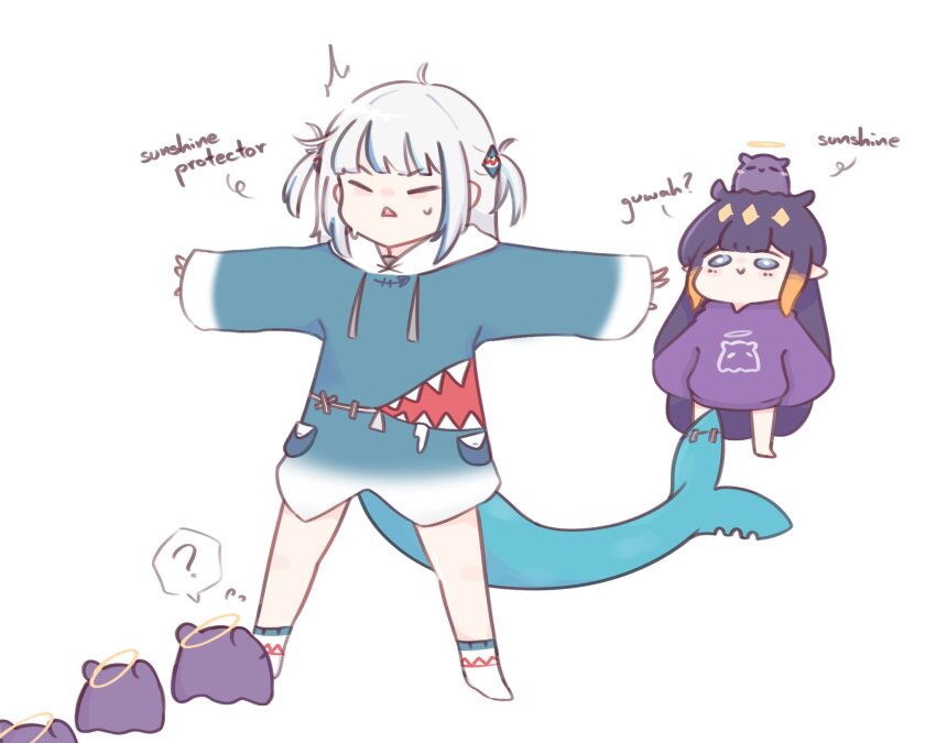 2girls, :>, ?, ^^^, black_hair, blue_hair, blue_hoodie, chonkyorca