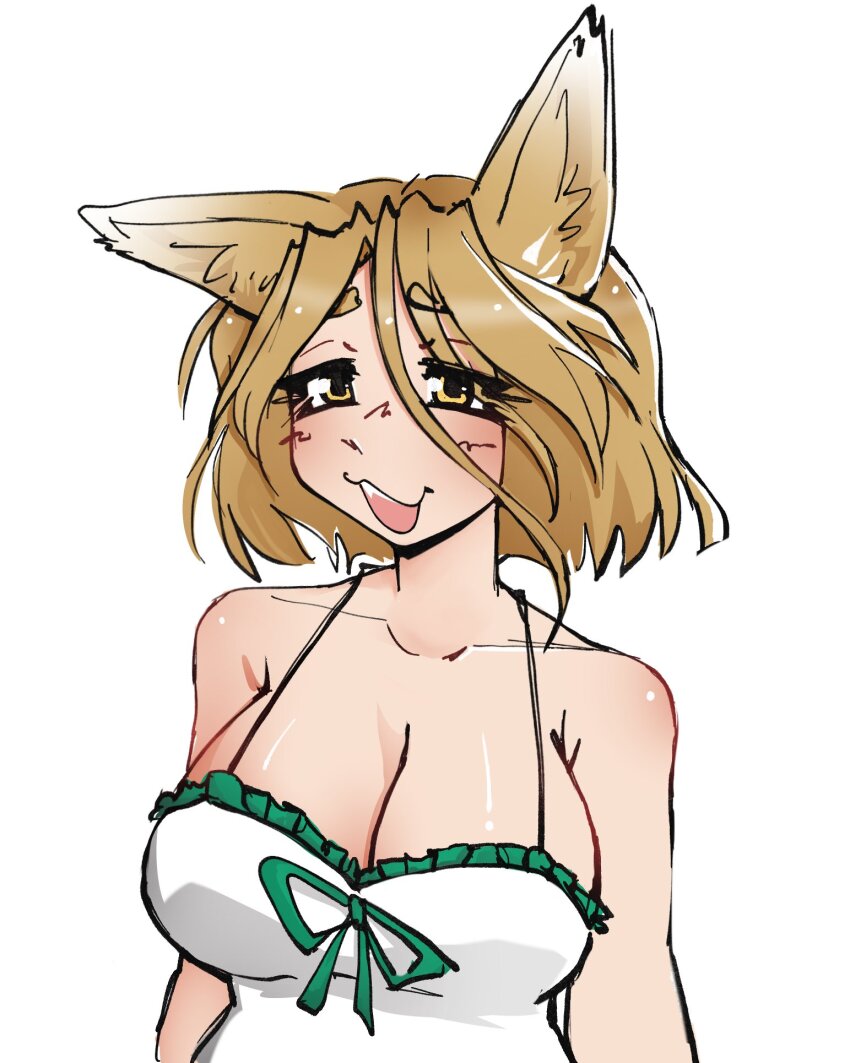 1girl, animal_ears, breasts, brown_eyes, brown_hair, cleavage, commentary, deily
