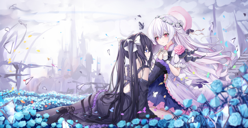 2girls, arcaea, bare_shoulders, black_dress, black_hair, black_sleeves, blue_dress, blue_eyes