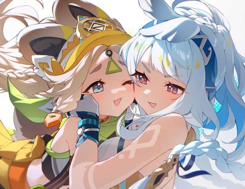 2girls, animal_ears, bandana, bandana_around_neck, blue_eyes, blue_hair, blue_hairband, blush, braid, chinchilla_ears, chinchilla_girl, genshin_impact, gloves, green_bandana, hairband, hashtag-only_commentary, hat, highres, kachina_(genshin_impact), light_blue_hair, long_hair, mochimiya_(coyo), mualani_(genshin_impact), multicolored_hair, multiple_girls, open_mouth, simple_background, sleeveless, upper_body, visor_cap, white_background