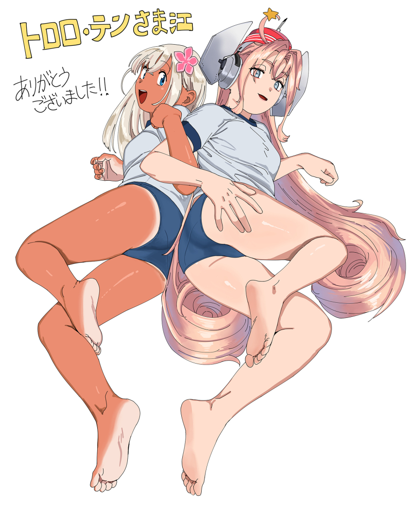2girls, ass, barefoot, blonde_hair, blue_eyes, blue_one-piece_swimsuit, commission, drum_(kancolle)