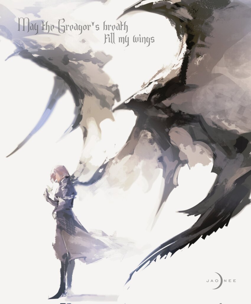 1boy, armor, blonde_hair, commentary, dion_lesage, dragon_boy, dragon_wings, english_text, final_fantasy, final_fantasy_xvi, flower, full_body, gauntlets, hashtag-only_commentary, highres, holding, holding_flower, jaonee_art, oversized_wings, male_focus, painterly, profile, shirt, signature, simple_background, skirt, solo, white_background, white_flower, white_shirt, wings