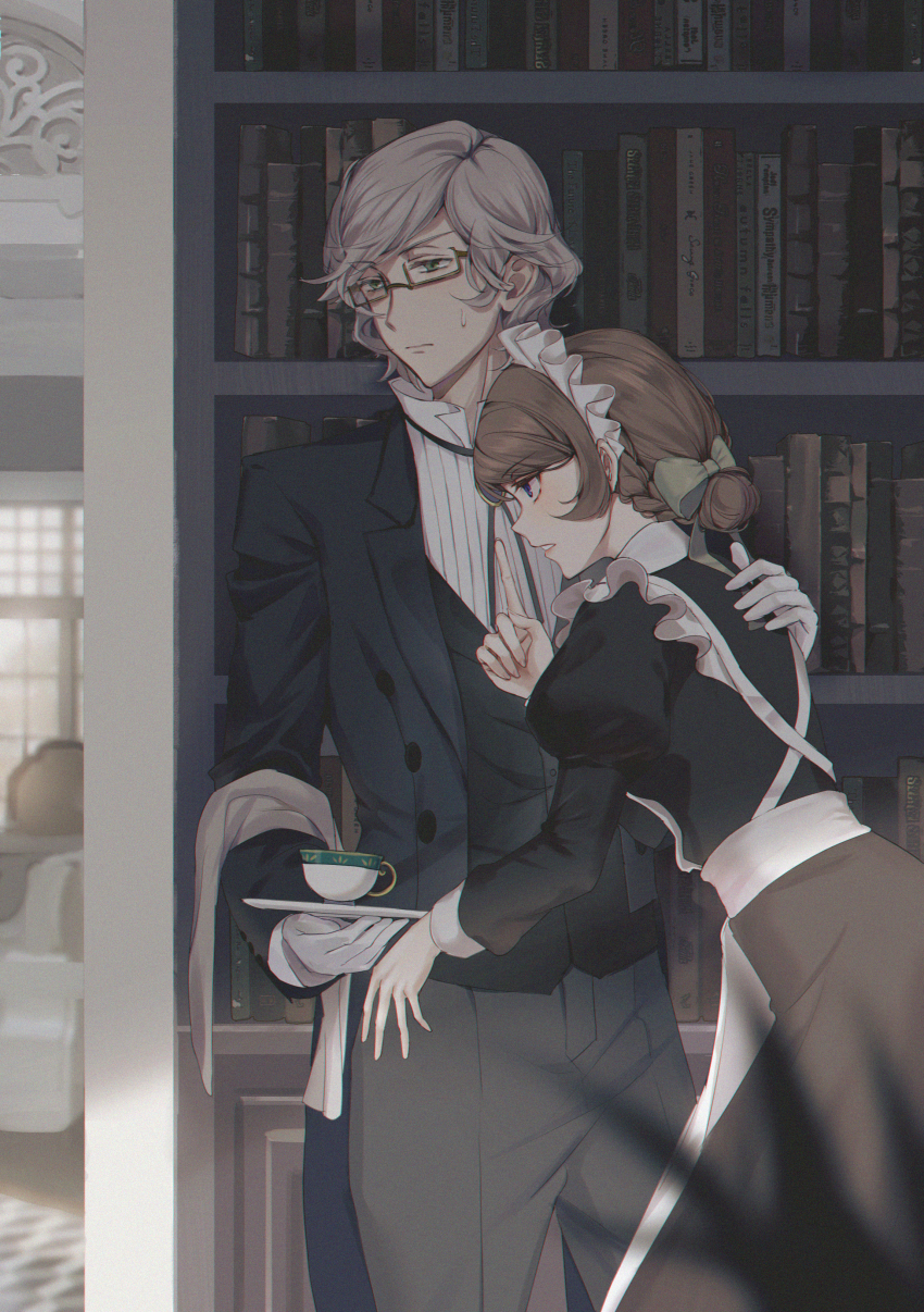 1boy, 1girl, absurdres, alternate_costume, apron, black_vest, blue_eyes, book