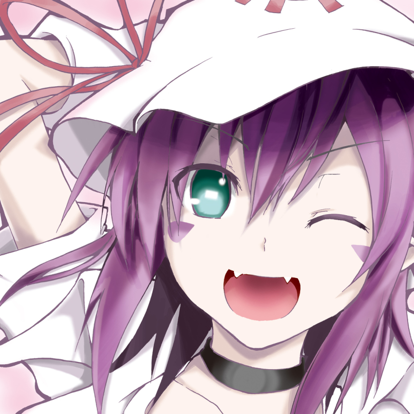 1girl, black_choker, choker, collarbone, cotori_(globule), facial_mark, fang, fangs