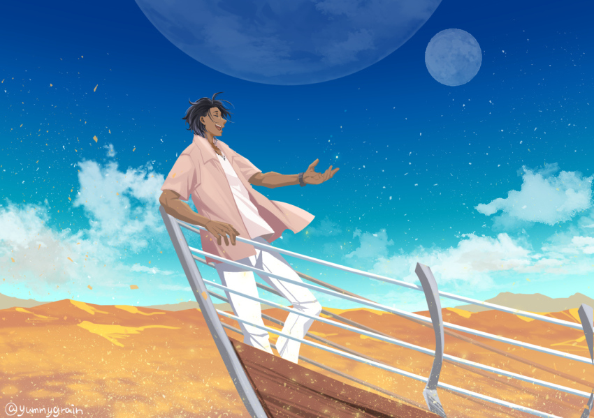 1boy, against_railing, bartholomew_roberts_(fate), bartholomew_roberts_(smiley_summer_wear)_(fate), black_hair, dark-skinned_male, dark_skin, desert