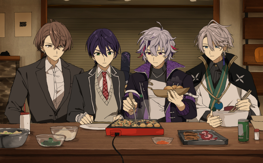 4boys, bandaged_hand, bandages, black_hakama, black_jacket, black_shirt, blazer, blue_eyes