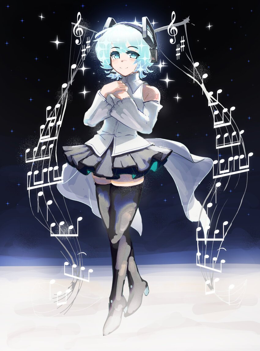 1girl, absurdres, aqua_eyes, aqua_hair, black_skirt, black_thighhighs, detached_sleeves, eighth_note, figure-referenced, full_body, hatsune_miku, highres, looking_at_viewer, musical_note, pleated_skirt, sharp_sign, shirt, short_hair, skirt, solo, sparkle, musical_staff, standing, thighhighs, treble_clef, vocaloid, white_shirt, white_sleeves, zela_kantal, zettai_ryouiki