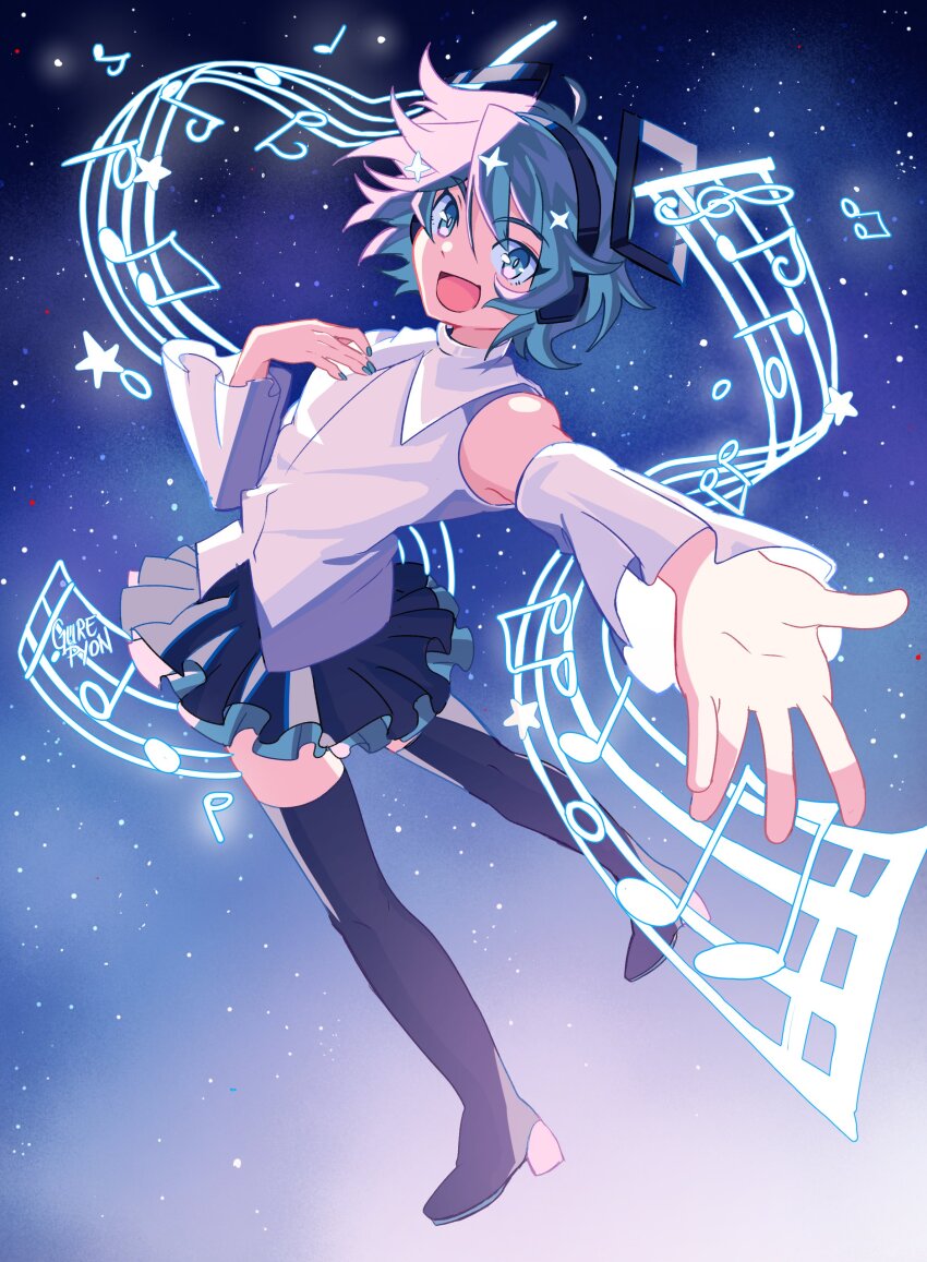 1girl, absurdres, aqua_eyes, aqua_hair, aqua_nails, beamed_eighth_notes, black_skirt, black_thighhighs