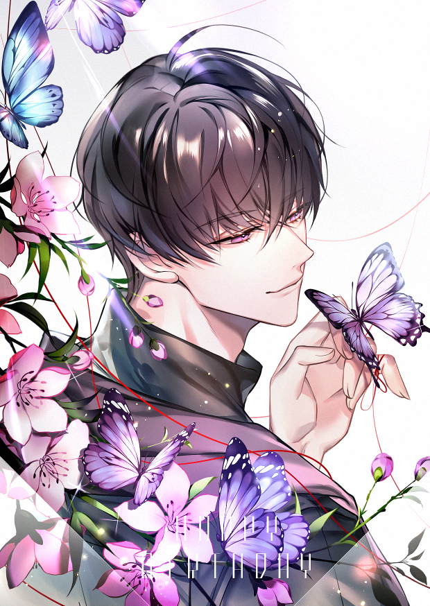 1boy, black_hair, black_shirt, blue_butterfly, bud, bug, butterfly, butterfly_on_hand