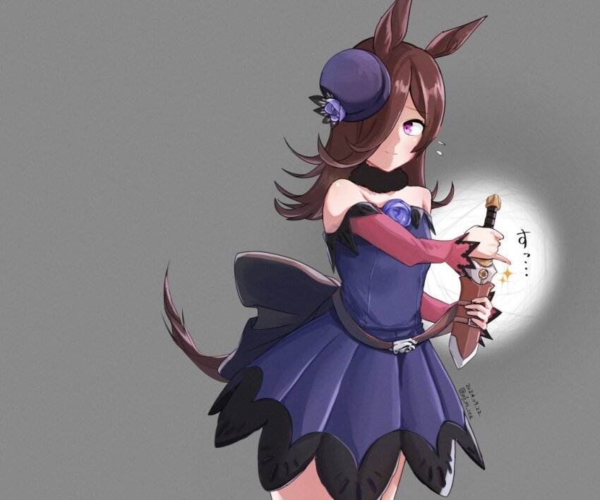 1girl, animal_ears, blush, breasts, closed_mouth, dagger, dated, flying_sweatdrops